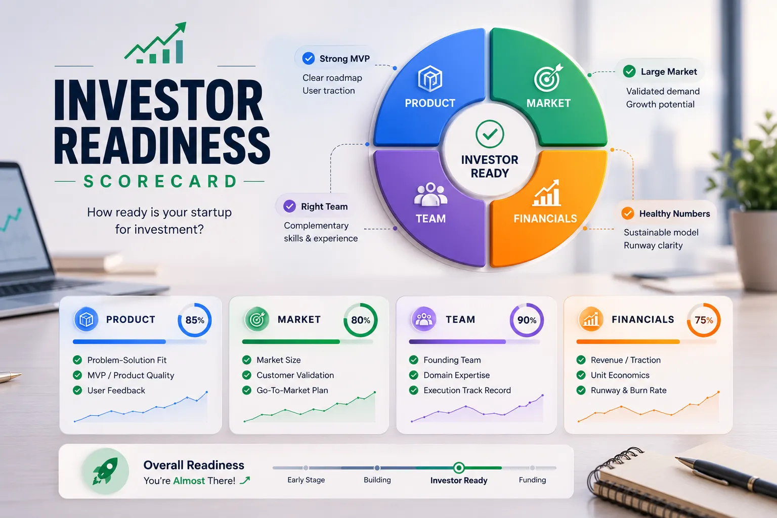 Investor readiness scorecard across product, market, team, and financials
